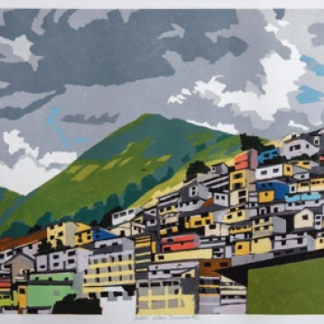 Andes: Urban Panorama #2, 2-block reduction woodcut, 16" x 20", paper 20" x 24", 2018